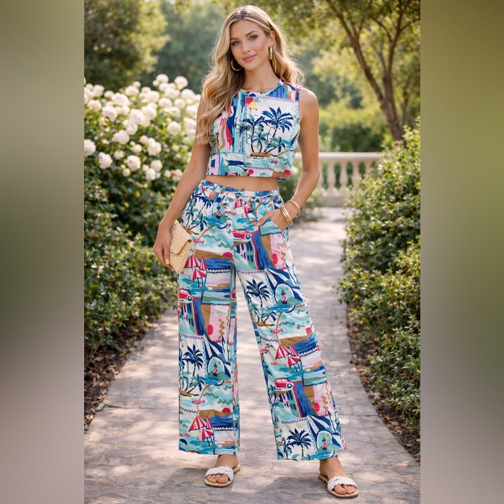 New true destination Two Pieces Set, Boho Beach Print, Casual Top And Pants S